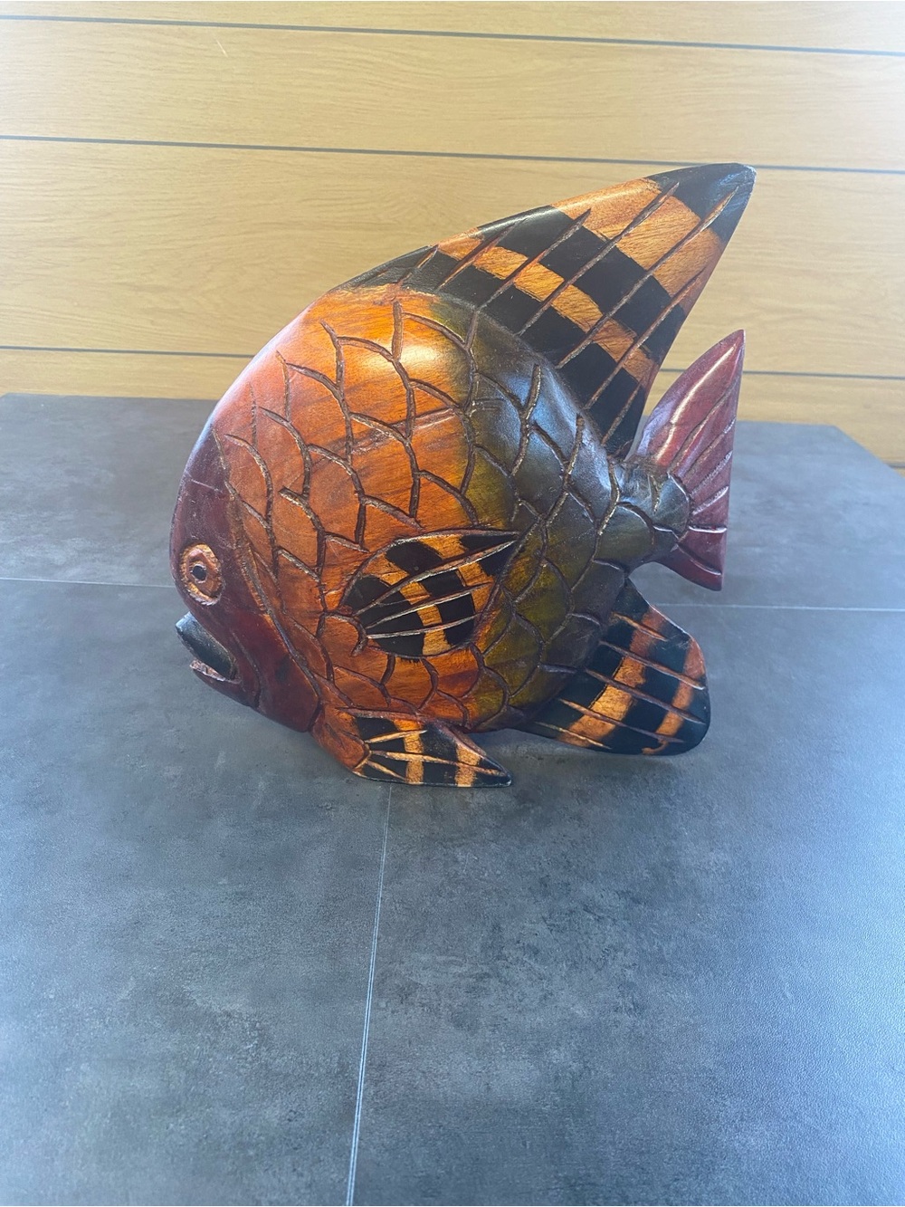 Hand-Carved & Painted‎ wooden earth tone tropical fish. Made in Jamaica